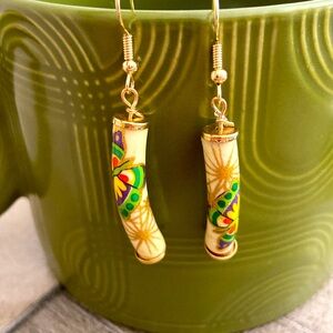 NEW HANDMADE UpCycled 1940s Handpainted Porcelain Bead Dangling Earrings